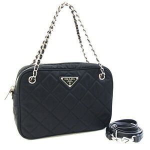 Prada Handbag Black Nylon Leather Crossbody Bag Feature Quilted Chain